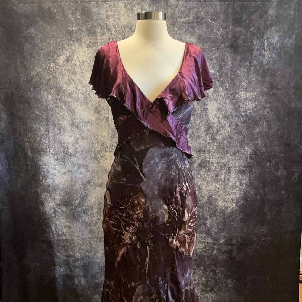 Nina Austin plum burgundy silk collar beaded burnout floral formal dress